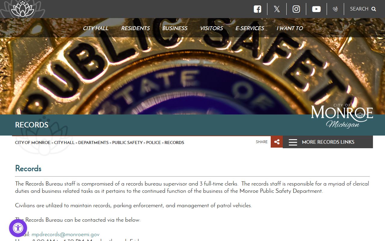 Monroe criminal history Police Records Bureau page