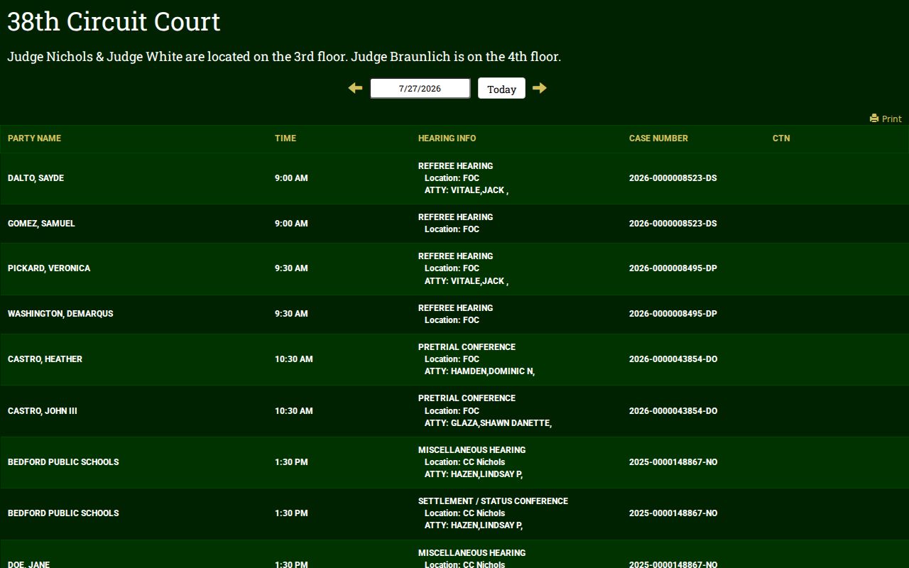 Monroe County criminal court hearing display for 38th Circuit Court