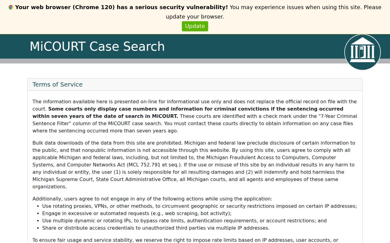 Monroe County criminal court case search fields in MiCOURT