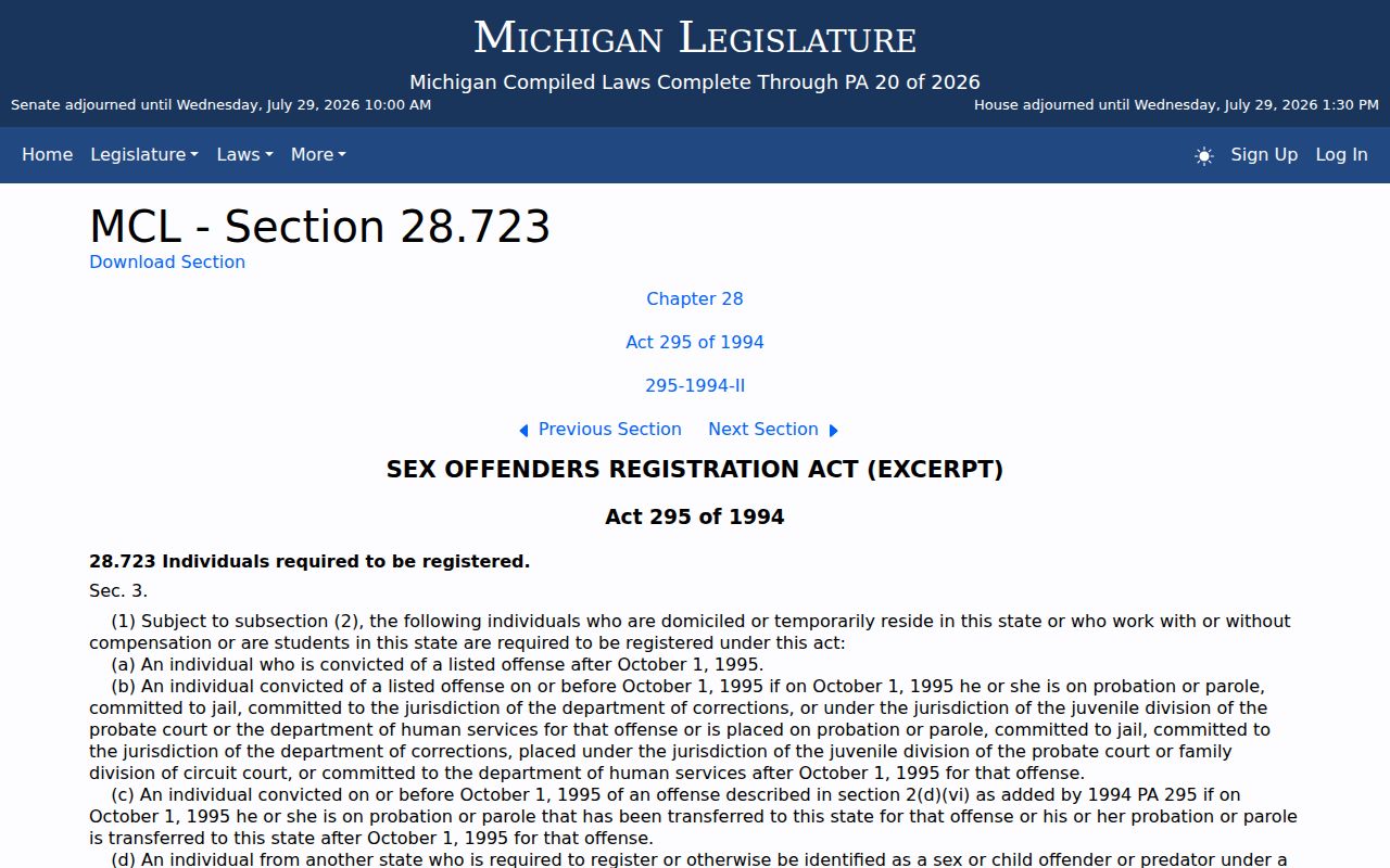 Michigan sex offender registration statute for Monroe County registry checks